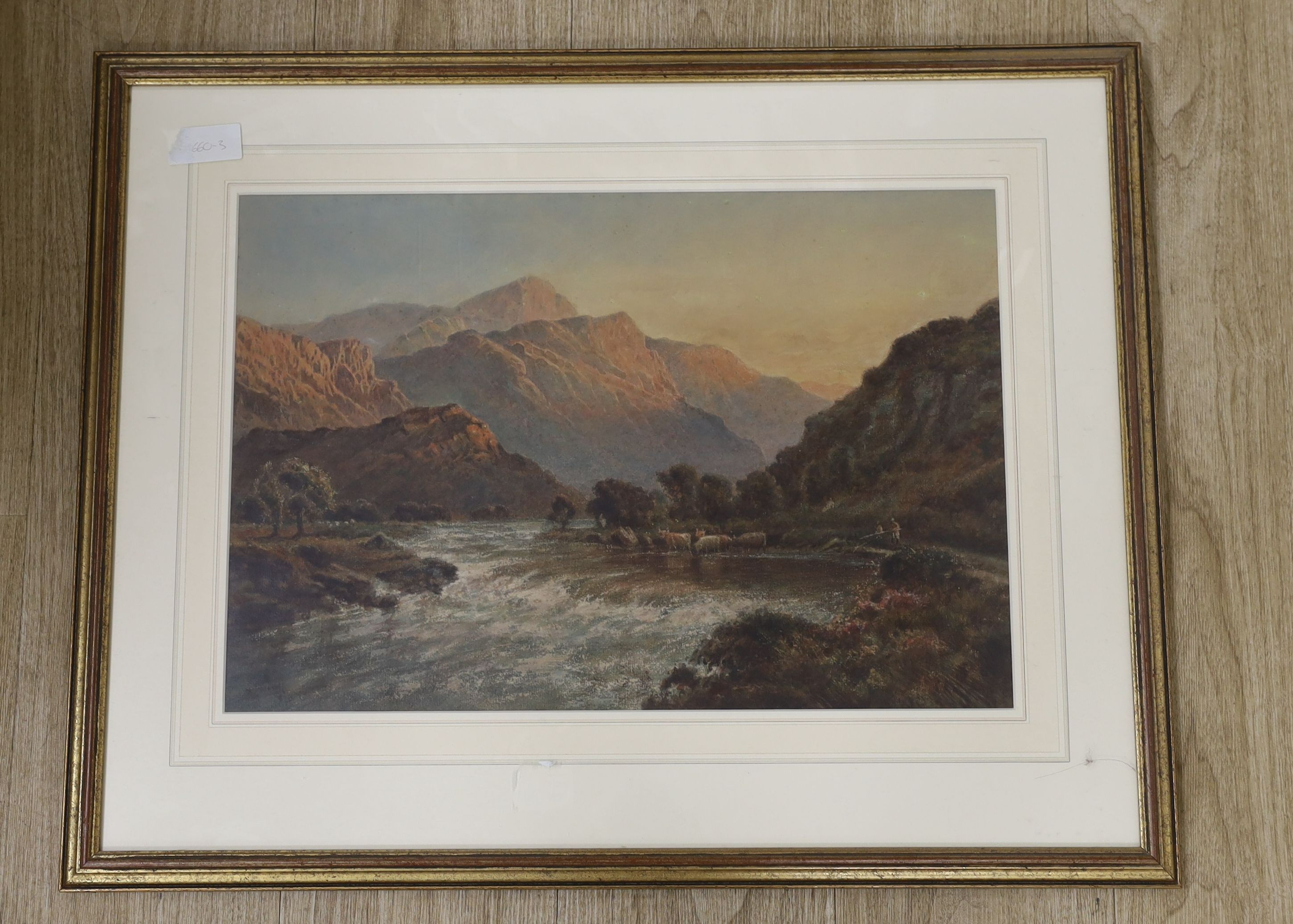 English School c.1900, watercolour, Anglers beside a Scottish river, 35 x 52cm